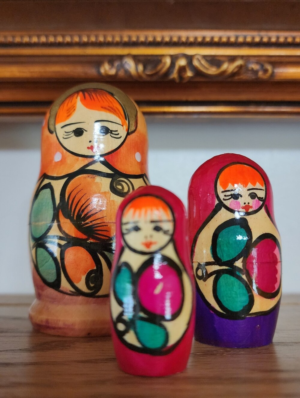 Vintage Russian Babushka Nesting Dolls Wood Hand Painted 3 pc. Orange Hair 3.75"